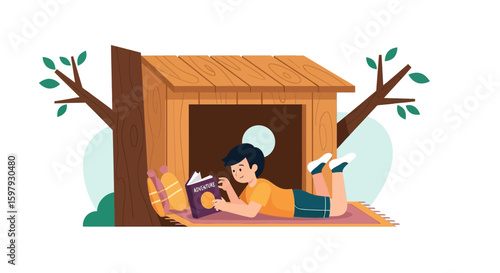 Boy Reads Adventure Book In Homemade Wooden Treehouse Relaxation Concept