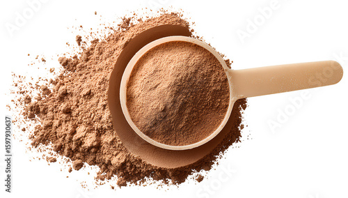 Level scoop of chocolate protein powder transparent background