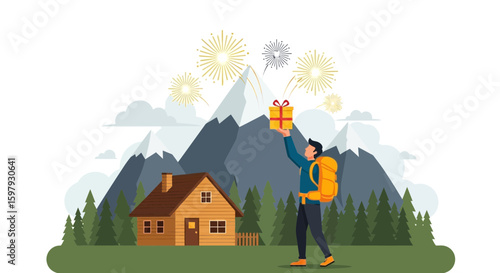 Celebration In Mountains With Fireworks And Gift For Adventurer New Year