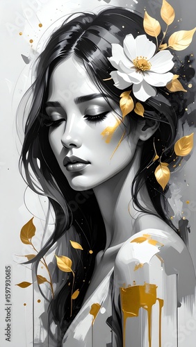 Oil painting in grayscale with gold highlights – poetic emotional depth