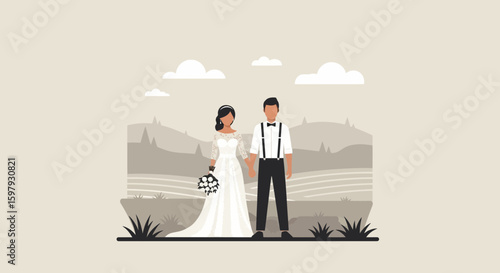 Elegant Wedding Couple Illustration Amidst Rolling Hills And Cloudy Sky Backdrop