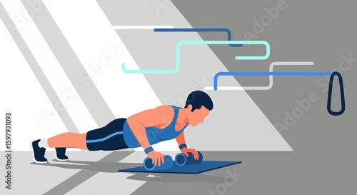 Creative Illustration Of Man Doing Pushups Using Exercise Rollers In Fitness Room