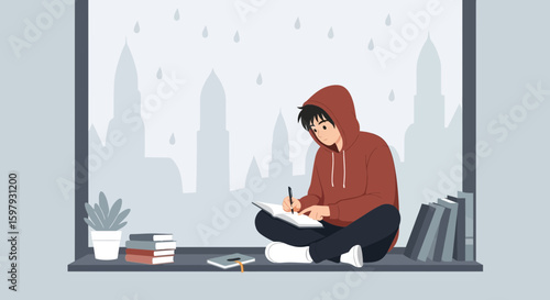Boy Sitting On Window Sill Writing Book Enjoying Rainy Weather