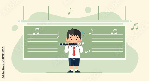 Boy Struggles To Play Flute In Front Of Musical Staff In Classroom
