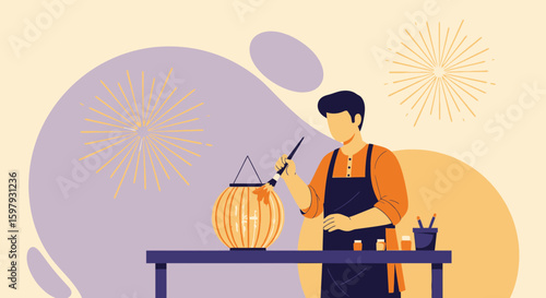 Creative Man Decorating A Traditional Lantern With A Brush For Celebration