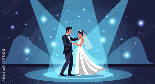 Elegant Wedding Dance Under Spotlight In Blue Tones Illustration Graphic