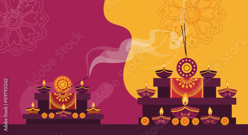 Celebration Of Diwali Festival With Diyas And Incense Sticks In Yellow And Purple Background