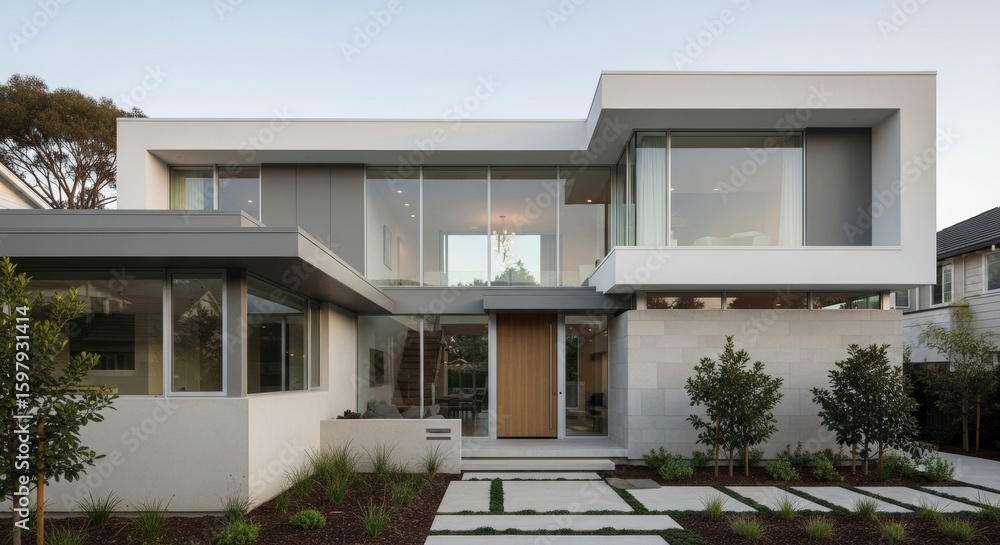 Fototapeta premium Contemporary Residential Architecture with Clean Lines and Neutral Tones in Daylight