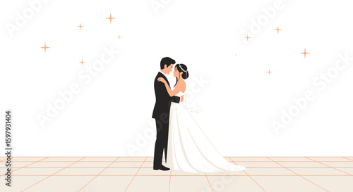 Elegant Wedding Day Embrace Of Groom And Bride In Festive Atmosphere