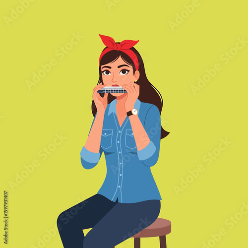 A young woman with a red bow in her hair sits on a stool and plays a harmonica.