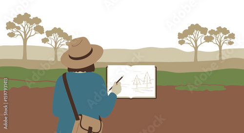 Creative Outdoors: Artist Sketching Landscape with Pencil and Paper in Serene Setting