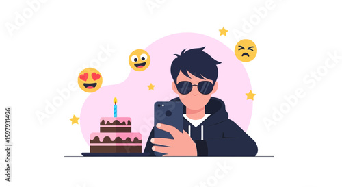 Boy Taking Birthday Selfie With Cake And Emoticons Digital Illustration