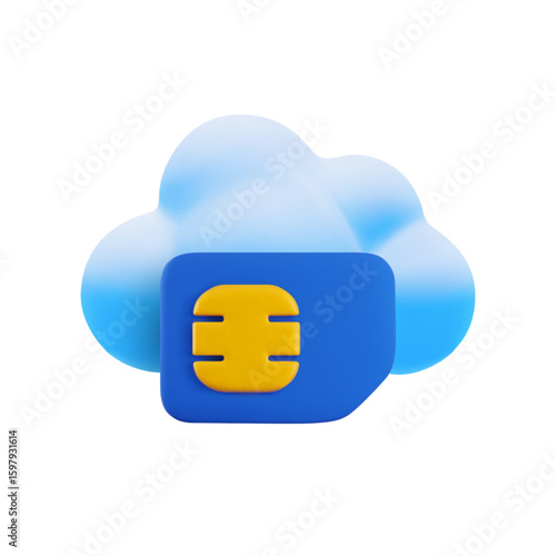 Vector cartoon 3d electronic Sim card icon. Minimal realistic 3d render of blue cloud and gsm SIM card with golden circuit chip. Communication technology illustration, gsm network eSIM, 5G, 4G concept