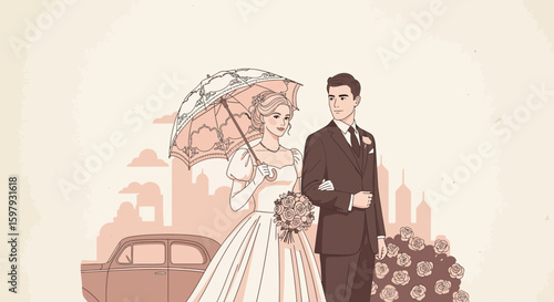 Elegant Wedding Day Illustration Of A Groom And Bride With Skyline