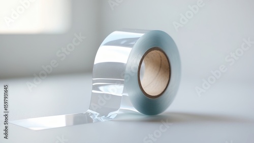 Clear adhesive tape roll on a white surface with natural light coming through. Sticky tape for packaging and sealing. Transparent adhesive tape for office and household use