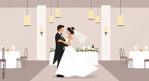 Elegant Wedding First Dance In A Ballroom Setting With Modern Decor