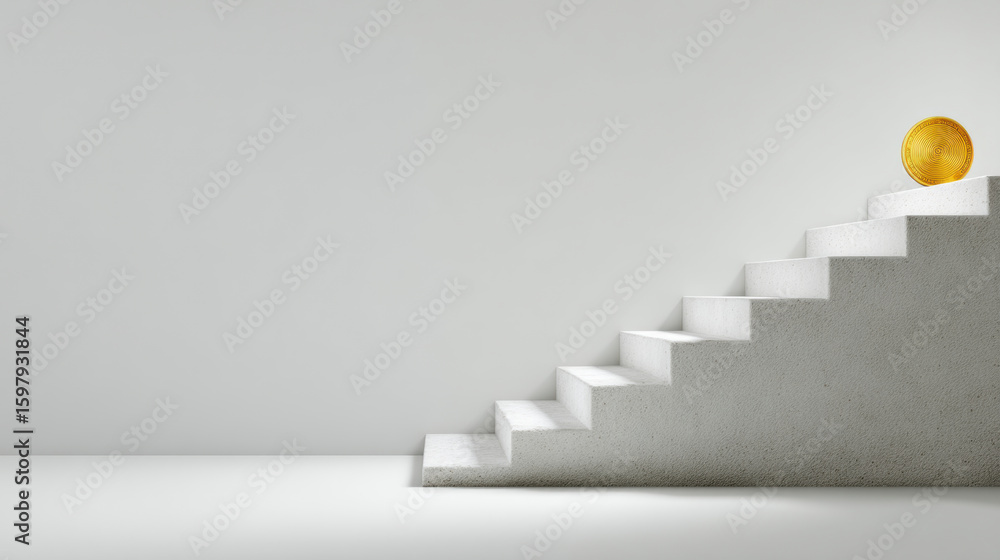 Obraz premium Stairs to Coins, A minimalist 3D scene of a small set of stairs leading up to a single, prominently placed gold coin at the top. Plain light background. Representing the path of investment. 