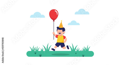 Boy With Birthday Hat Running With A Balloon Outdoors On His Special Day