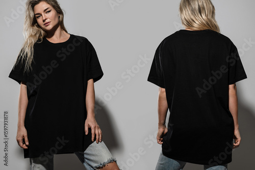Confident Woman Wearing Oversized Black T-Shirt with Blank Space for Mockup