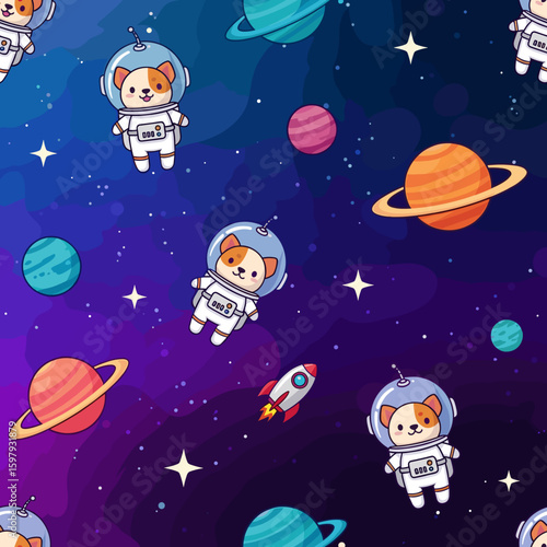 Cute dog astronauts in space: seamless pattern for kids' products, textiles, or websites.