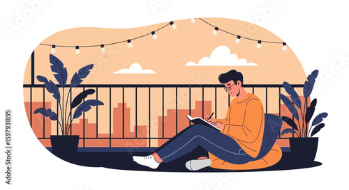 Creative Writer At Outdoor Balcony With City View And String Lights Writing Journal