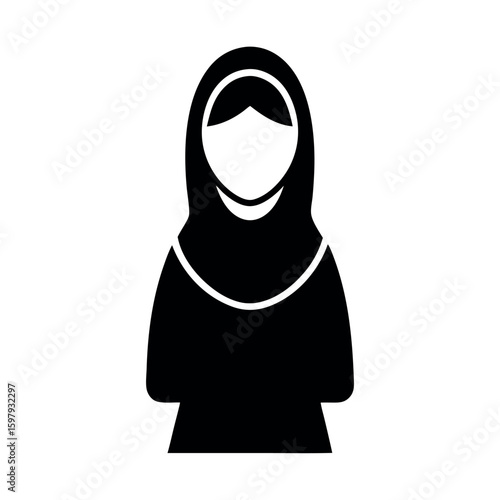 Black and White Silhouette of a Woman Wearing a Hijab, Facing Forward