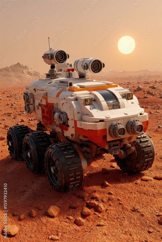 Fototapeta premium Mars exploration rover navigating the red planet under a bright sun