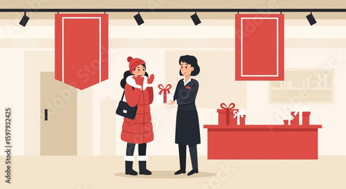 Customer Receiving Gift From Salesperson At Store During Holiday Season