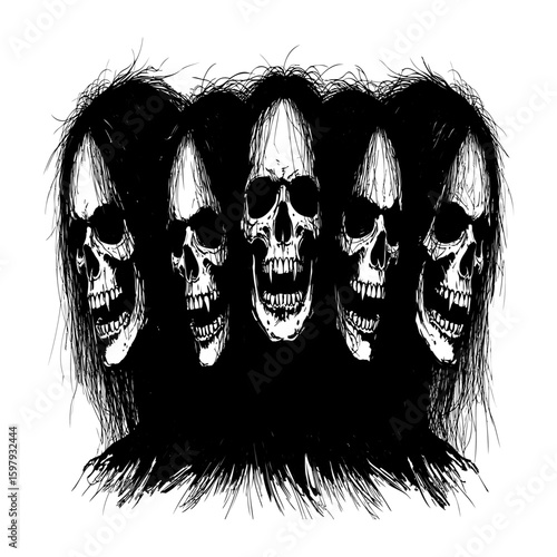 Terrifying cluster hairy skulls, eerie monochrome array screaming skulls, halloween bony head lineup.
