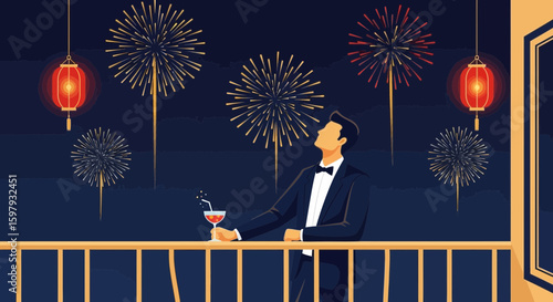 Celebration Under Night Sky With Fireworks And Lanterns New Year Eve