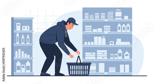 Customer Shopping For Products In Supermarket Aisle Picking Up A Basket