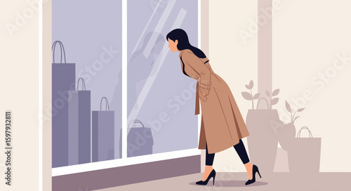 Elegant Woman Admiring Fashionable Items Displayed In Chic Shop Window During Shopping Trip