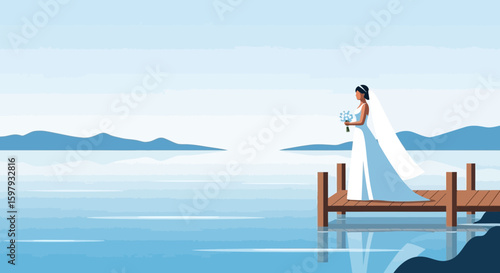 Bride Standing Gracefully On Dock With Calm Waters And Distant Mountain View