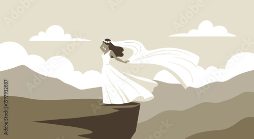 Bride Stands On The Edge Of A Cliff Admiring The Panoramic View In Nature