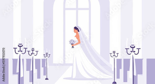 Bride Walks Down Aisle In Elegant Gown During Wedding Ceremony