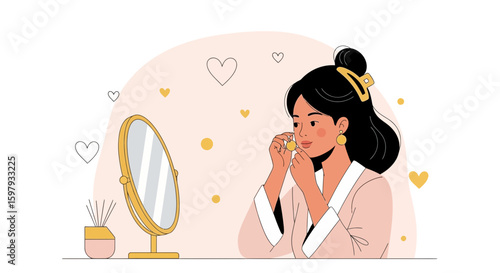 Elegant Woman Adorning Herself With Jewelry Reflected In A Stylish Vanity Mirror