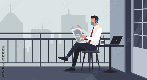 Businessman Enjoying News On Balcony Amid Pandemic With Headphones And Laptop Vector