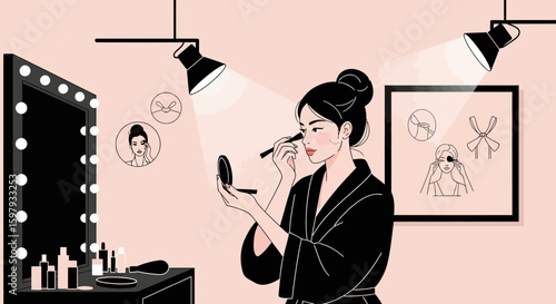 Elegant Woman Applies Makeup In Dressing Room Under Studio Lights Preparing For Event