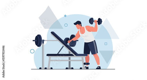 Dedicated Man Doing Dumbbell Workout On Bench Press For Strength Building