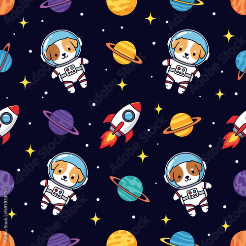 Adorable dog astronauts and planets seamless pattern for kids' textile, wallpaper, or wrapping paper.