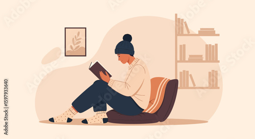 Calm Reader Enjoying A Novel In Cozy Room With A Book Shelf