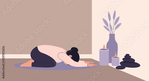 Calm Woman Practicing Yoga In Child's Pose With Candles And Stones
