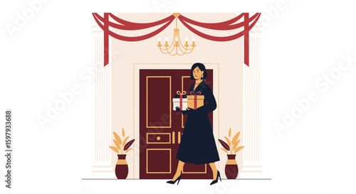 Elegant Woman Arriving at Home with Gifts for the Holiday Season