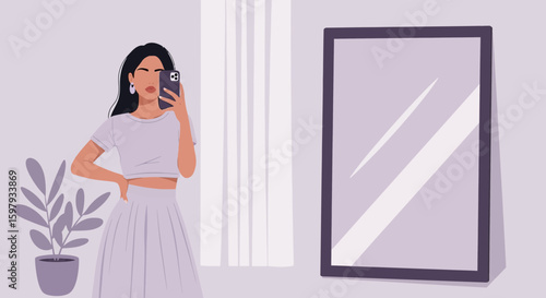 Elegant Woman Capturing Mirror Selfie In Minimalist Indoor Fashion Photography