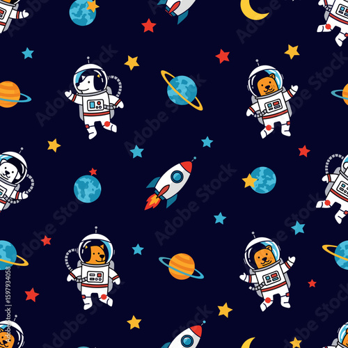 Cute dogs and cats in astronaut suits floating in space, perfect for kids' apparel or space-themed designs.