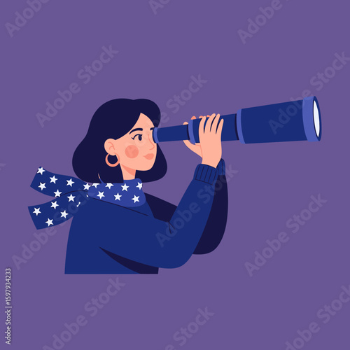 A woman wearing a blue sweater and star-patterned scarf looks through a dark blue telescope against a purple background.
