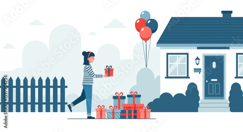 Delivering Happiness Woman Holding Gift Boxes In Front Of House With Balloons