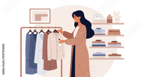 Elegant Woman Choosing Stylish Clothing At Home Boutique For Personal Style