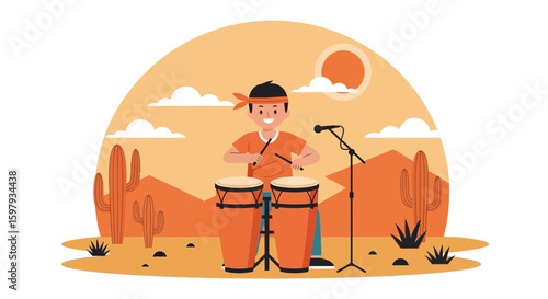 Desert Beat An Illustration Of A Musician Playing Congas On A Desert Stage