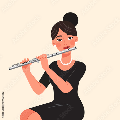 A woman with dark hair in a bun playing a silver flute, wearing a black dress and pearl necklace.
